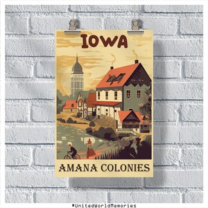 Pôster de viagens de Iowa, pôster de colônias de Amana, pôster vintage de Iowa, decoração de parede, pôster do estado, impressão de Iowa, pôster retrô de Iowa, arte de parede de Iowa