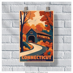 Cartel de viaje de Connecticut, cartel del estado de la Constitución, cartel vintage de Connecticut, decoración de la pared, impresión de Connecticut, cartel retro de Connecticut