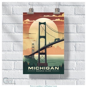 Cartel de viaje de Michigan, cartel de la isla Mackinac, cartel vintage de Michigan, decoración de la pared, cartel del estado, impresión de Michigan, cartel retro de Michigan