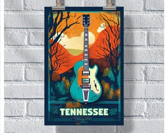 May include: A vintage-style poster featuring a teal electric guitar with a white pickguard and a dark blue background. The poster has the text "Tennessee Home of the Blues" and the hashtag "#UnitedWorldMemories".