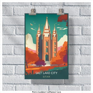 Pôster de viagem de Utah, pôster de Salt Lake City, impressão da Praça do Templo, pôster vintage de Utah, decoração de parede, impressão de Utah, pôster retrô de Utah, decoração de casa