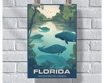 Florida Travel Poster, Florida Manatee Poster, Florida Vintage Poster, Wall Decor, State Poster, Florida Print, Florida Retro Poster