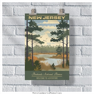 Póster de viaje de Nueva Jersey, póster de la reserva nacional Pinelands, póster vintage de Nueva Jersey, decoración de pared, impresión de Nueva Jersey, póster retro de Nueva Jersey