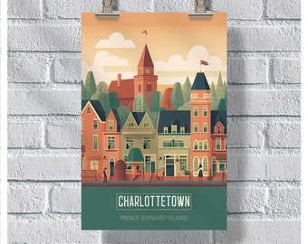 May include: A poster showing a stylized illustration of Charlottetown, Prince Edward Island. The artwork depicts colorful buildings, trees, and a church with a clock tower. The poster is held by metal clips against a white brick wall.