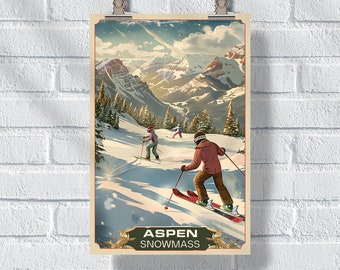 Aspen Snowmass Retro Adventure Poster, Ski Resort Colorado Print, Ski Snowboarding Retro Wall Art, Ski Lover Gift