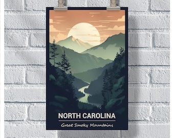 North Carolina Travel Poster, Great Smoky Mountains Poster, North Carolina Vintage Poster, Wall Decor, North Carolina Print, NC Retro Poster