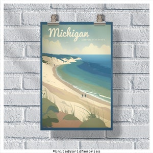 Cartel de viaje de Michigan, cartel de las dunas del oso durmiente, cartel vintage de Michigan, decoración de la pared, cartel del estado, impresión de Michigan, cartel retro de Michigan