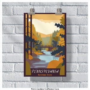 Cartel de viaje de Pensilvania, cartel del estado de Keystone, cartel vintage de Pensilvania, decoración de pared, impresión de Pensilvania, cartel retro de Pensilvania