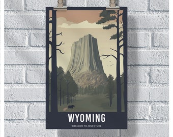Wyoming Travel Poster, Welcome To Adventure Poster, Wyoming Vintage Poster, Wall Decor, State Poster, Wyoming Print, Wyoming Retro Poster