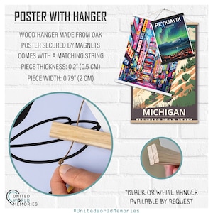 May include: Posters with wood hangers made from oak, secured by magnets, and a matching string. The poster thickness is 0.2 inches (0.5 cm) and the width is 0.79 inches (2 cm). The image shows posters with cityscapes. Black or white hangers are available by request.