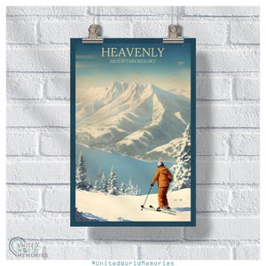 Heavenly Mountain Resort Vintage Poster, California Nevada Ski Resort Print, Snowboarding Wall Art, Lake Tahoe Gift