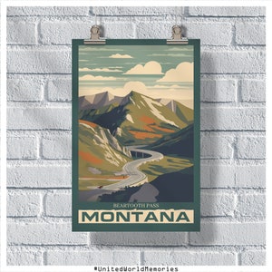 Cartel de viaje de Montana, cartel del paso Beartooth, cartel vintage de Montana, decoración de la pared, cartel del estado, impresión de Montana, cartel retro de Montana