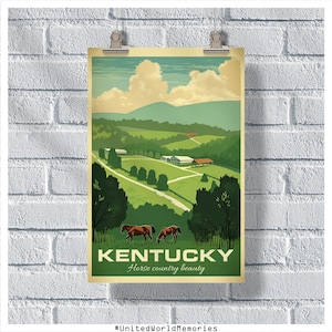 Poster di viaggio del Kentucky, poster di cavalli, poster vintage del Kentucky, decorazione della parete, poster di stato, stampa del Kentucky, poster retrò del Kentucky