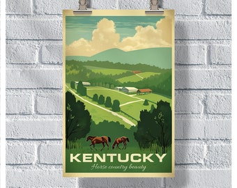 Kentucky Travel Poster, Horses Poster, Kentucky Vintage Poster, Wall Decor, State Poster, Kentucky Print, Kentucky Retro Poster