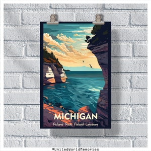 Pôster de viagens de Michigan, pôster nacional de Lakeshore de rochas retratadas, pôster vintage de Michigan, decoração de parede, pôster estadual, impressão de Michigan