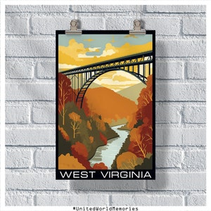 West Virginia Reise Poster, New River Gorge Bridge Poster, West Virginia Vintage Poster, Wanddekor, West Virginia Print, WV Poster
