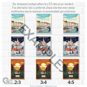 May include: Three travel posters with different aspect ratios are displayed. The posters feature scenes of Copenhagen, Mont-Tremblant, and Ohio. The Copenhagen poster shows a harbor scene, the Mont-Tremblant poster depicts a snowy village, and the Ohio poster shows a car on a road.