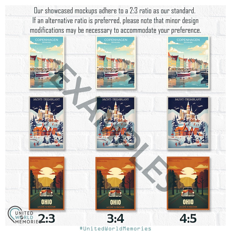 May include: Three travel posters with different aspect ratios are displayed. The posters feature scenes of Copenhagen, Mont-Tremblant, and Ohio. The Copenhagen poster shows a harbor scene, the Mont-Tremblant poster depicts a snowy village, and the Ohio poster shows a car on a road.