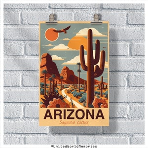 Cartel de viaje de Arizona, cartel de cactus Saguaro, cartel vintage de Arizona, decoración de pared, cartel estatal, impresión de Arizona, cartel retro de Arizona