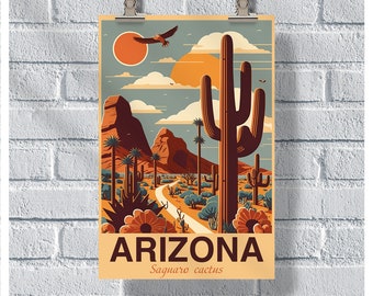 Arizona Travel Poster, Saguaro Cactus Poster, Arizona Vintage Poster, Wall Decor, State Poster, Arizona Print, Arizona Retro Poster