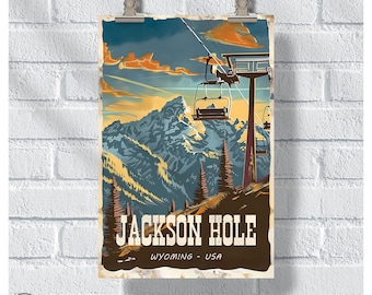 Jackson Hole Retro Poster, Jackson Hole Ski Resort Print, Wyoming Ski Snowboarding Retro Wall Art, Ski Lover Gift