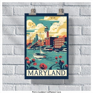 Poster del Maryland, Poster di viaggio del Maryland, Poster dello stato della vecchia linea, Poster vintage del Maryland, Decorazione della parete, Stampa del Maryland, Arte retrò del Maryland