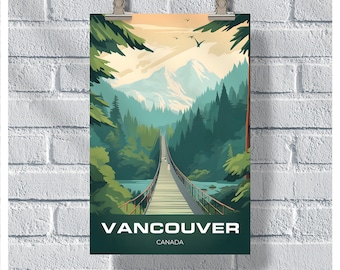 Vancouver Capilano Suspension Bridge Poster, Canada Travel Poster, Vancouver Vintage Retro Print, Canada Wall Art Home Decor