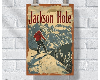 Jackson Hole Vintage Ski Adventure Poster, Jackson Hole Ski Resort Print, Wyoming Ski Snowboarding Retro Wall Art, Ski Lover Gift