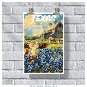 Cartel de los Bluebonnets de Texas, cartel retro vintage de Texas, arte de los Bluebonnet de Texas