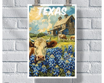 Texas Bluebonnets-affisch, vintage retro Texas-affisch, Texas Bluebonnet-konst