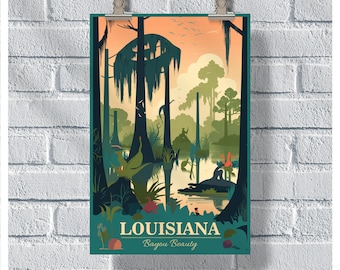 Cartel de viaje de Luisiana, cartel de belleza de Bayou, cartel vintage de Luisiana, decoración de la pared, cartel del estado, impresión de Luisiana, cartel retro de Luisiana
