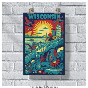 Wisconsin Travel Poster, Wisconsin Summerfest Poster, Wisconsin Vintage Poster, Wall Decor, Wisconsin Print, Wisconsin Retro Poster