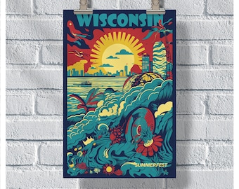 Wisconsin Travel Poster, Wisconsin Summerfest Poster, Wisconsin Vintage Poster, Wall Decor, Wisconsin Print, Wisconsin Retro Poster