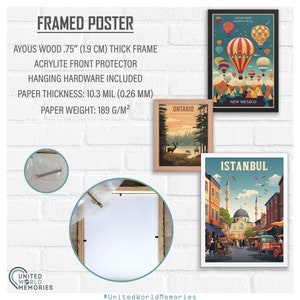 May include: Framed posters with travel-themed illustrations. The posters feature images of hot air balloons, a lakeside scene with deer, and a street scene in Istanbul. The frames are made of ayous wood, .75 inches thick, with an acrylte front protector.