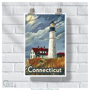 Connecticut Lighthouse Poster, Connecticut Travel Print, United States Retro Wall Art, US Connecticut Gift