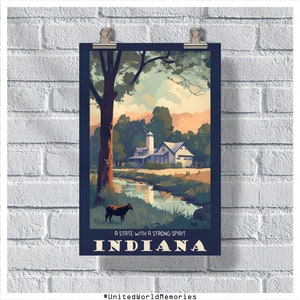 Cartel de viaje de Indiana, cartel de Indiana, cartel vintage de Indiana, decoración de la pared, cartel del estado de Indiana, impresión de Indiana, cartel retro de Indiana