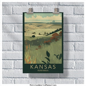 Pôster de viagens do Kansas, pôster de Flint Hills, pôster vintage do Kansas, decoração de parede, impressão do Kansas, pôster retrô do Kansas, pôster bem-vindo ao Kansas