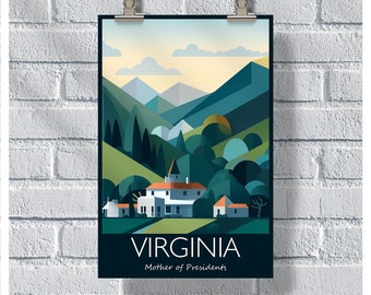 Pôster de viagens da Virgínia, pôster da mãe dos presidentes, pôster vintage da Virgínia, decoração de parede, pôster do estado, impressão da Virgínia, pôster retrô da Virgínia