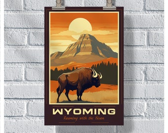 Wyoming Travel Poster, Wyoming Bison Poster, Wyoming Vintage Poster, Wall Decor, State Poster, Wyoming Print, Wyoming Retro Poster