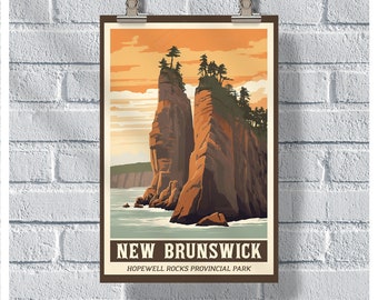 May include: A vintage travel poster depicting a scenic view of Hopewell Rocks Provincial Park in New Brunswick, Canada. The poster features two large rock formations rising from the water, with a forest in the background. The text "NEW BRUNSWICK" and "HOPEWELL ROCKS PROVINCIAL PARK" is displayed at the bottom of the poster.