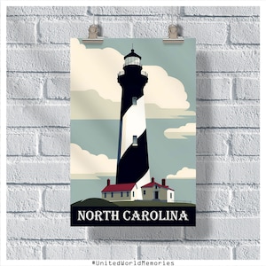 North Carolina Travel Poster, NC Lighthouse Poster, North Carolina Vintage Poster, Wall Decor, North Carolina Print, NC Retro Poster