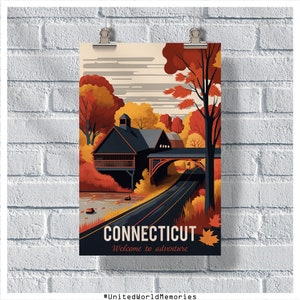 Cartel de viaje de Connecticut, cartel del estado de la Constitución, cartel vintage de Connecticut, decoración de la pared, impresión de Connecticut, cartel retro de Connecticut