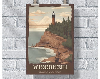 Wisconsin Travel Poster, Wisconsin Welcome To Adventure, Wisconsin Vintage Poster, Wall Decor, Wisconsin Print, Wisconsin Retro Poster
