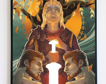 Póster A3 en papel mate con dorado en cobre de una reina y sus caballeros