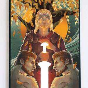 Poster A3 in carta opaca con doratura in rame di una regina e dei suoi cavalieri