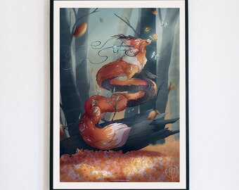 Póster A3 de fantasía de un dragón en forma de zorro