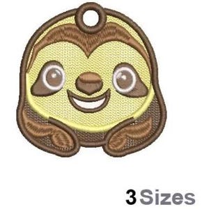 May include: A smiling cartoon sloth with brown fur and a yellow face. The sloth has a small loop on top of its head. The image includes the text "3 Sizes".