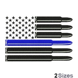 May include: An American flag design with a blue stripe across the middle and black bullet casings for the stripes. The text "2 Sizes" is below the image.