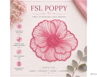 Diseño de bordado a máquina de flor de amapola FSL - 2 tamaños, patrón de bordado floral de encaje independiente