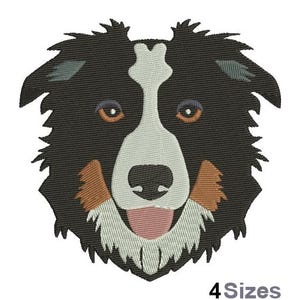 Peut inclure: Broderie représentant la tête d'un border collie noir et blanc avec des marques brunes autour des oreilles et des yeux. Le chien a une tache blanche sur le front et une langue rose qui sort.